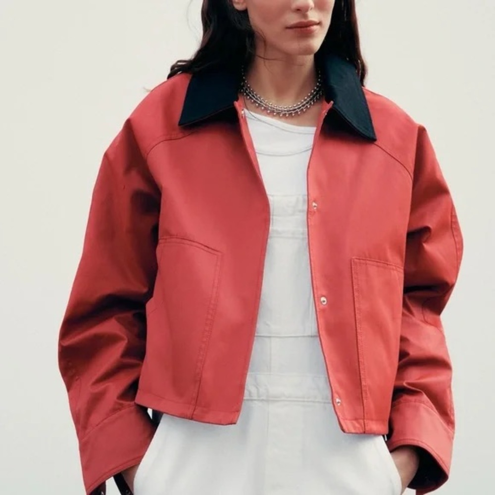 ZARA NWT Waxed Red Barn Jacket With Contrasting Black Collar